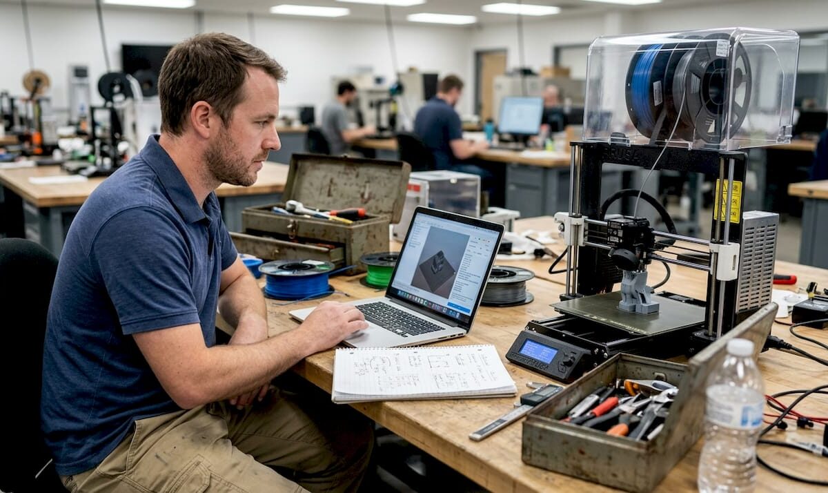 Engineer reviewing 3D printer at workbench