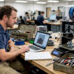 Engineer reviewing 3D printer at workbench