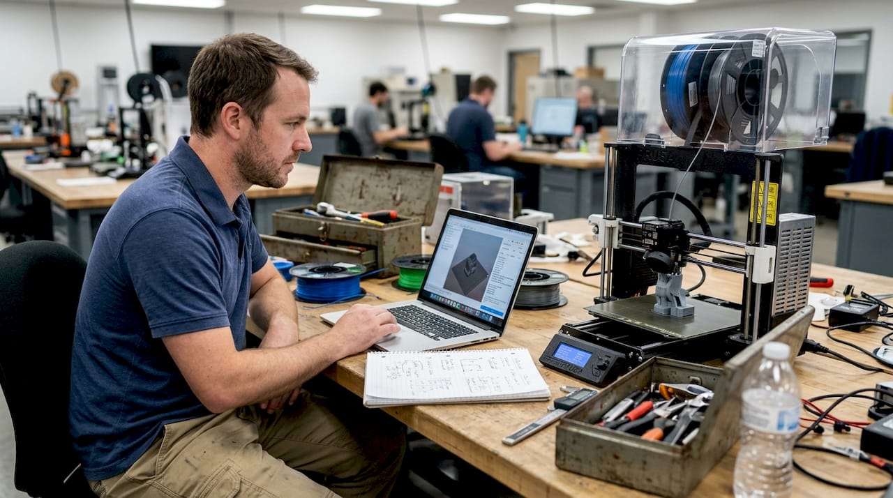 Engineer reviewing 3D printer at workbench
