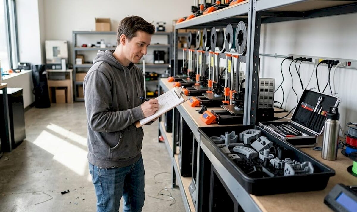 Technician inspects batch 3D printed parts
