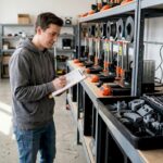 Technician inspects batch 3D printed parts