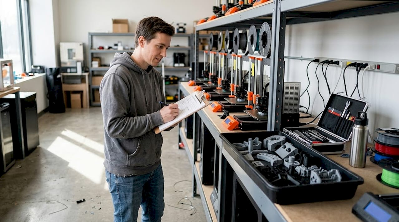Technician inspects batch 3D printed parts