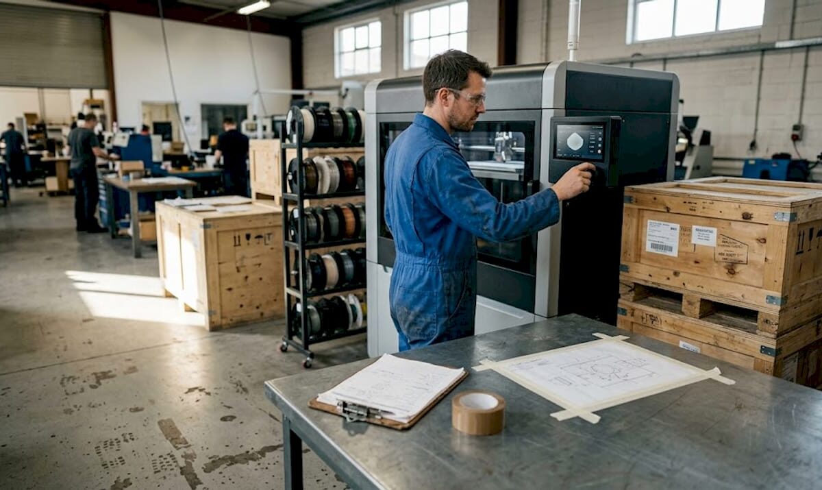 Technician adjusts industrial 3D printer on factory floor