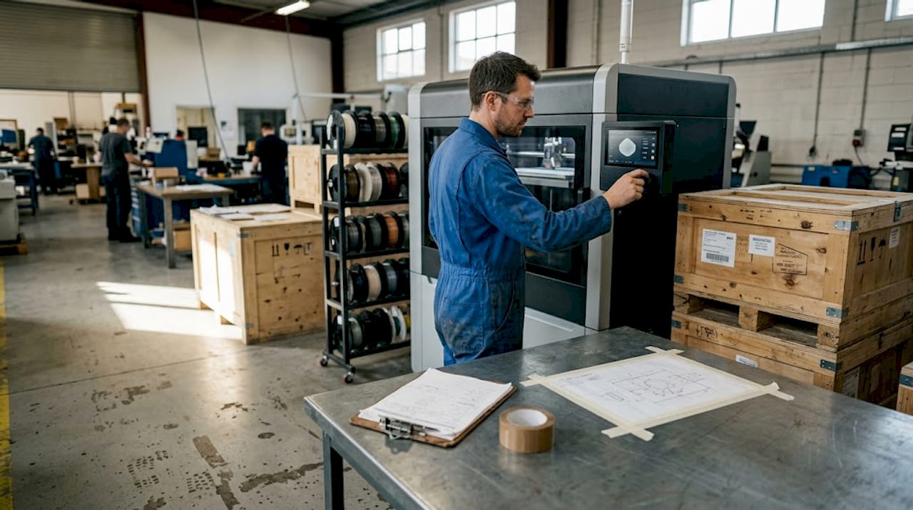 Technician adjusts industrial 3D printer on factory floor
