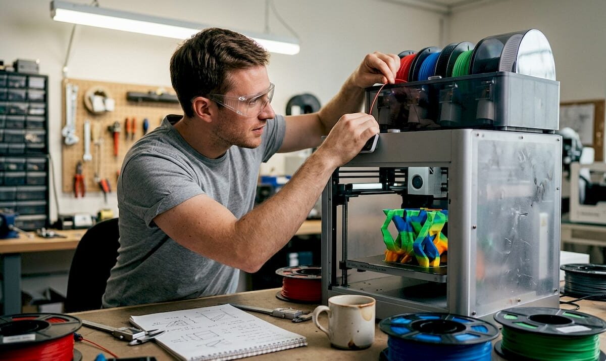 Technician adjusting multi-color 3D printer on workbench