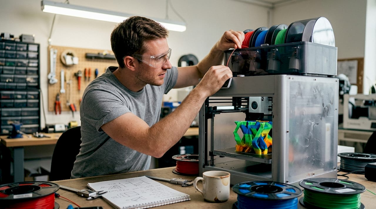 Technician adjusting multi-color 3D printer on workbench