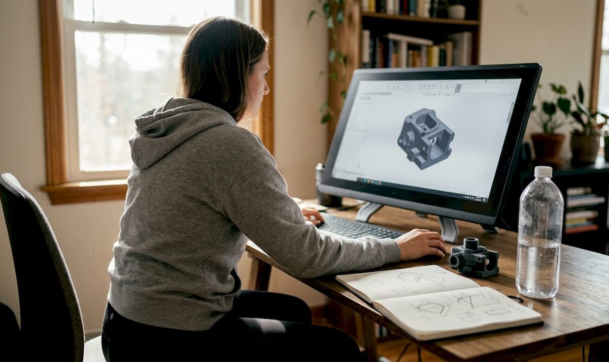 Designer working on 3D model at home workspace