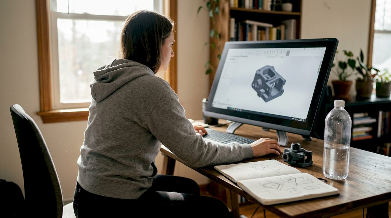 Designer working on 3D model at home workspace