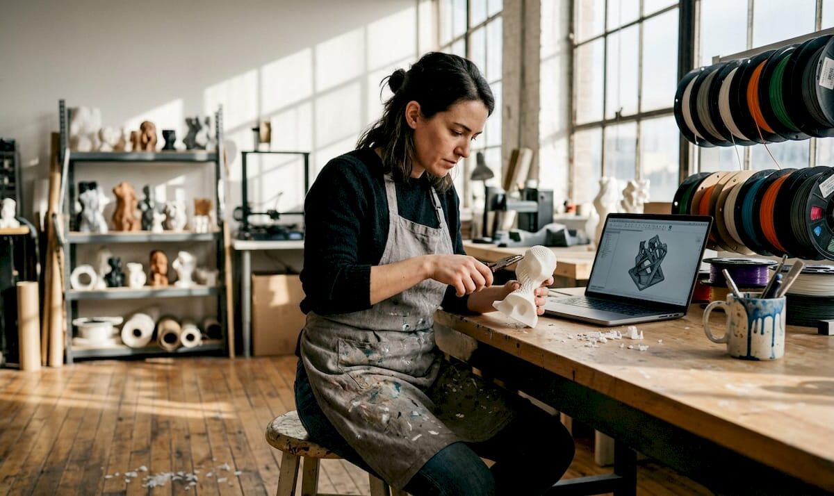 Artist at work in 3D printing studio