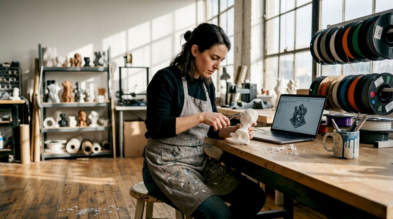 Artist at work in 3D printing studio