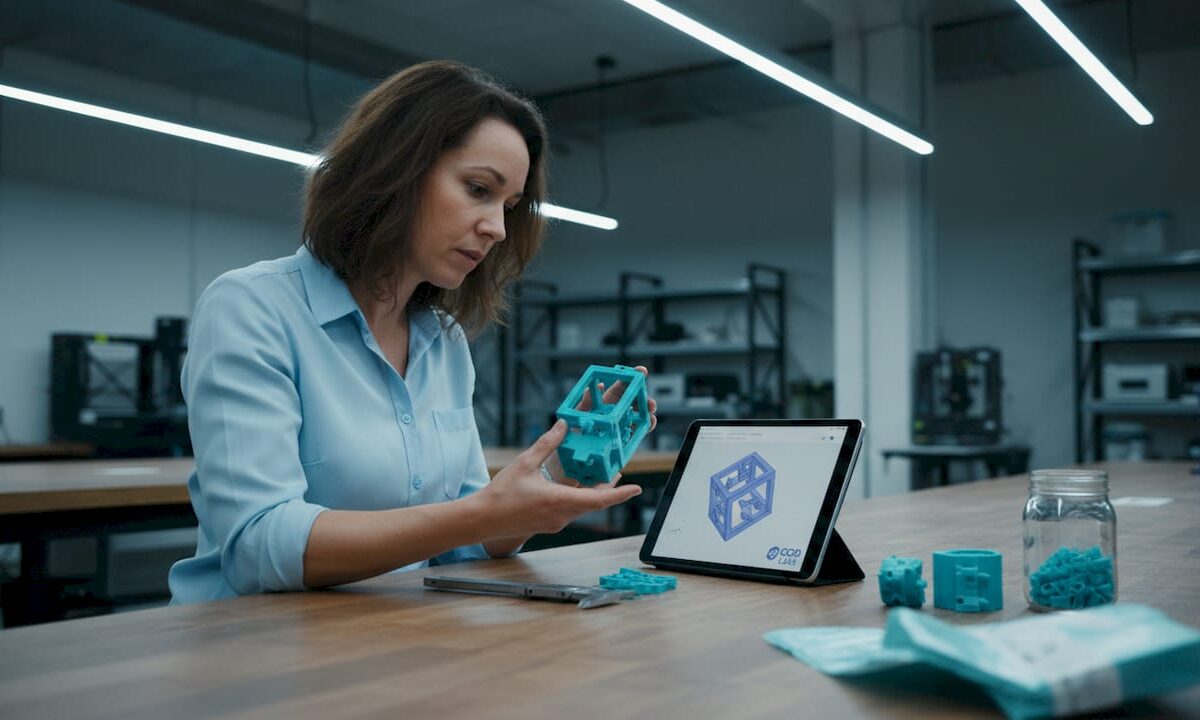 Engineer inspecting 3D prototype at workspace