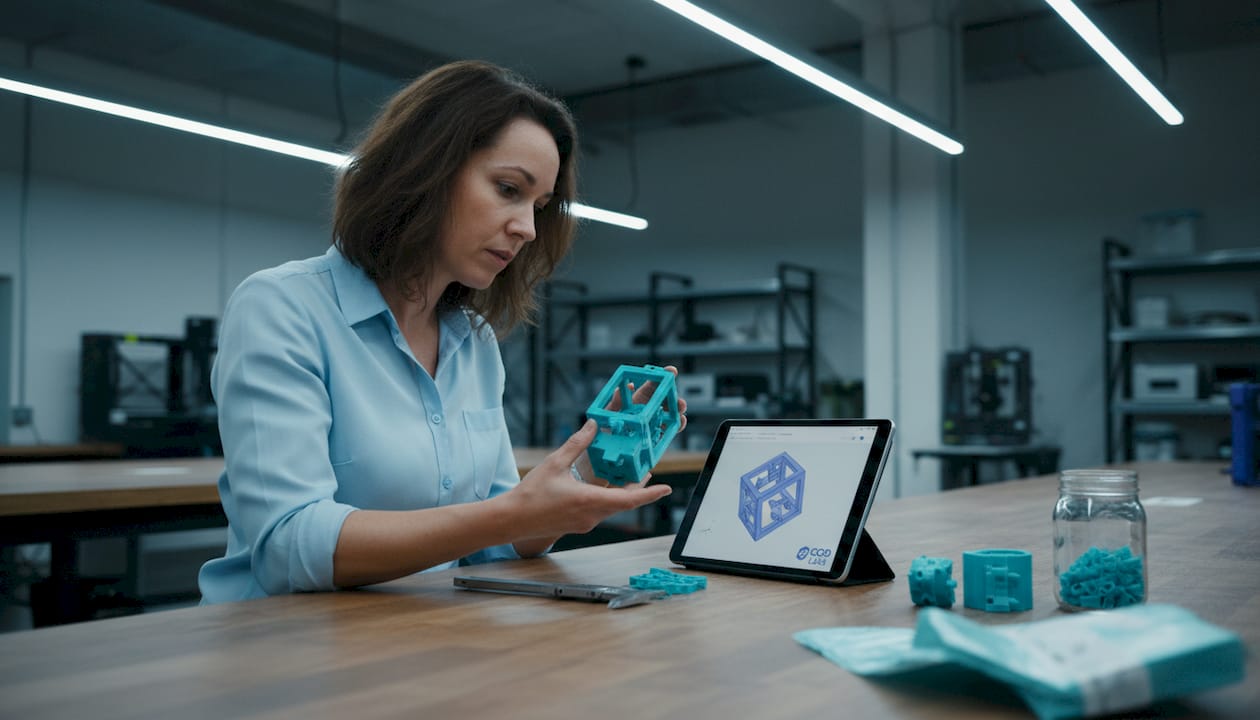 Engineer inspecting 3D prototype at workspace