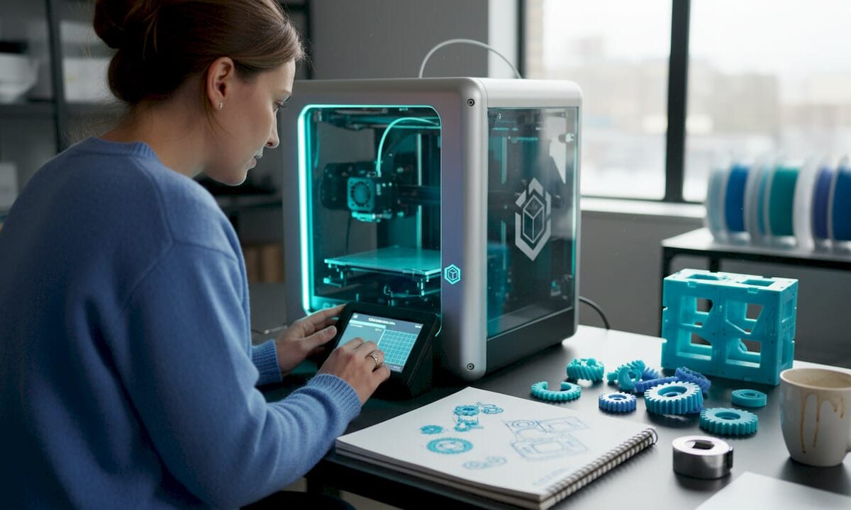 Designer calibrating desktop 3D printer in studio