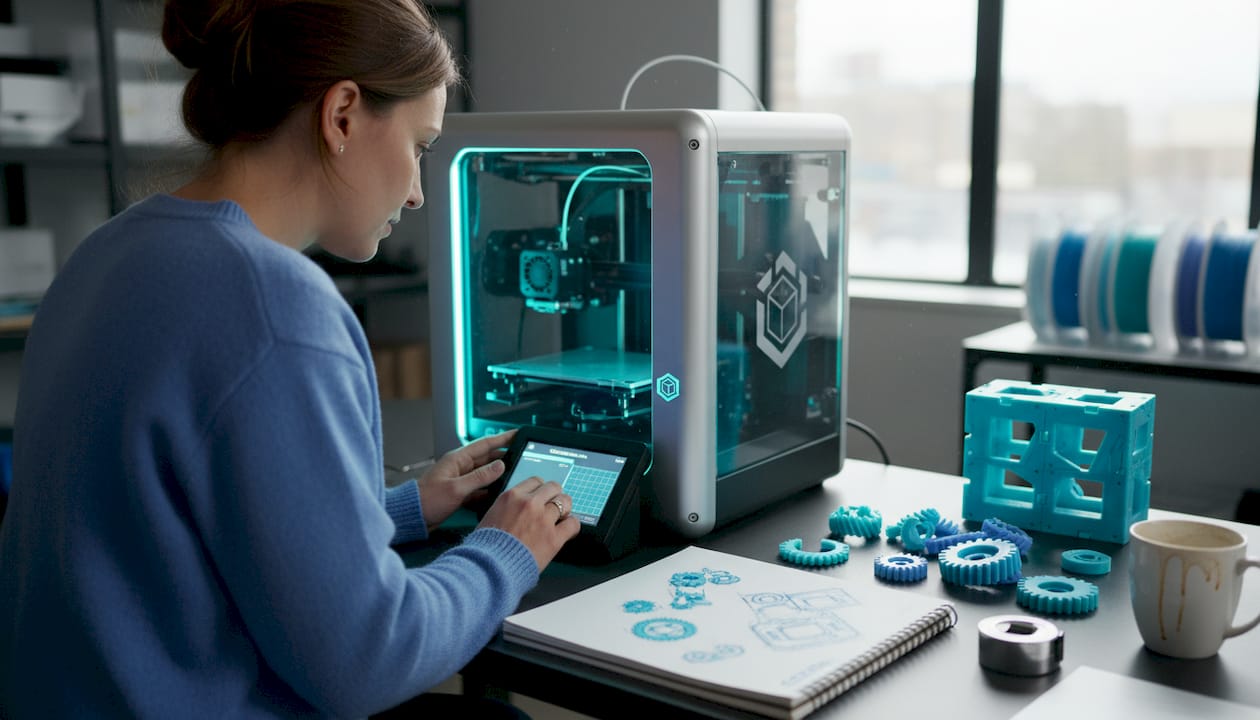 Designer calibrating desktop 3D printer in studio