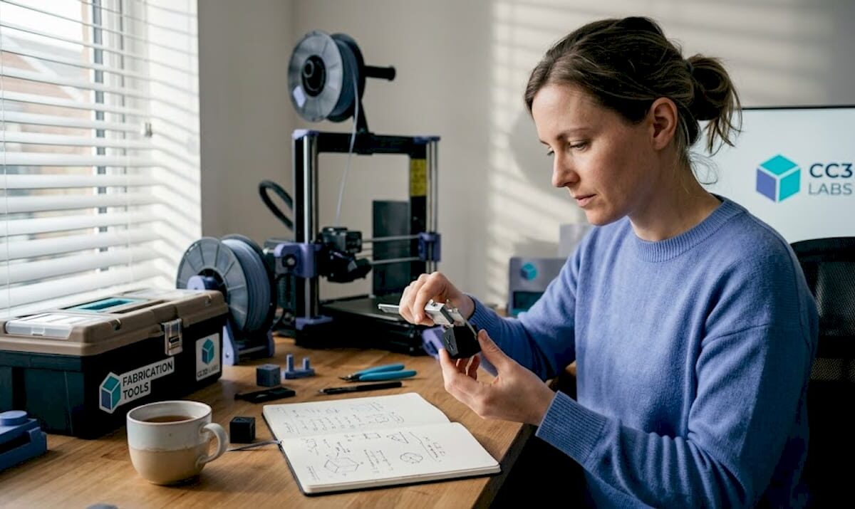Person measuring 3D print at a tidy workbench