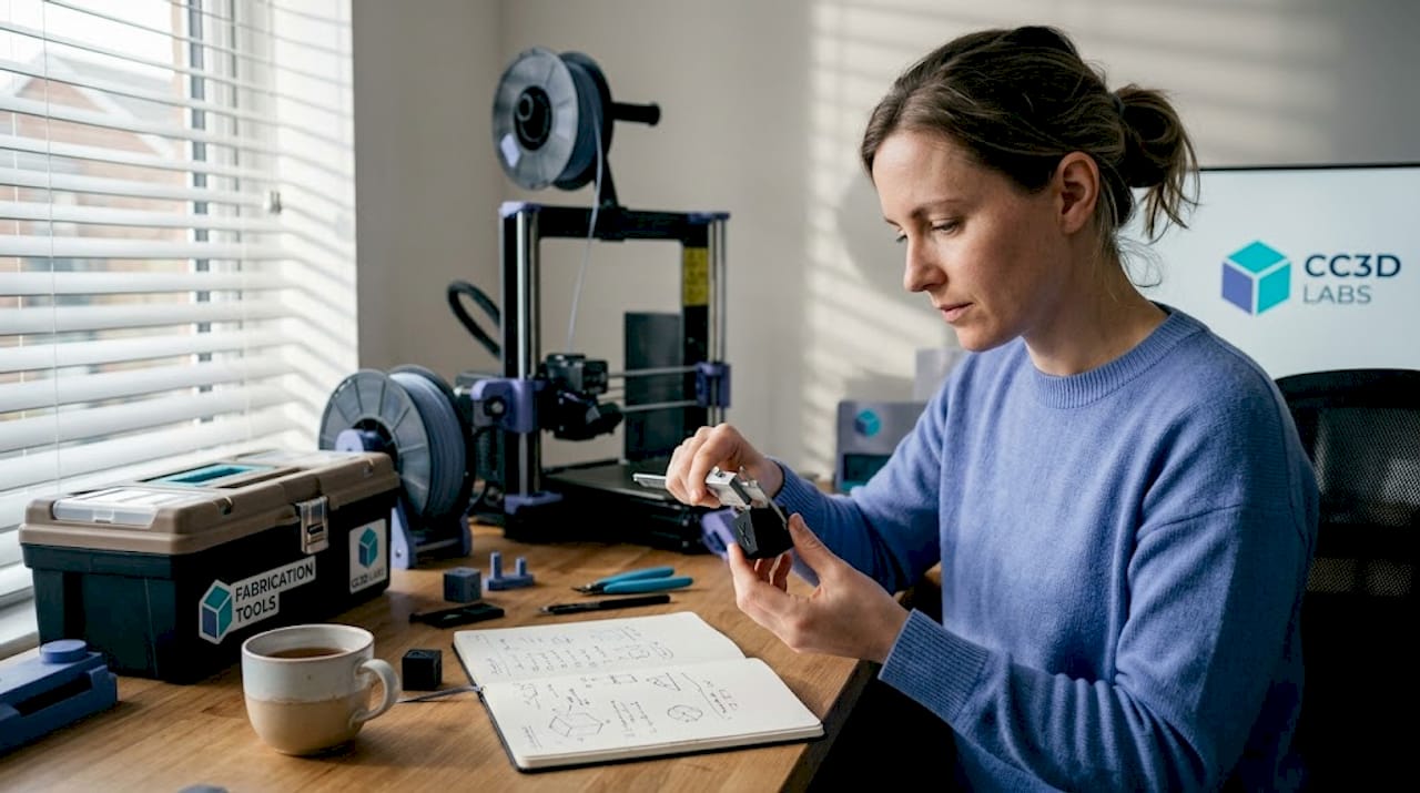 Person measuring 3D print at a tidy workbench