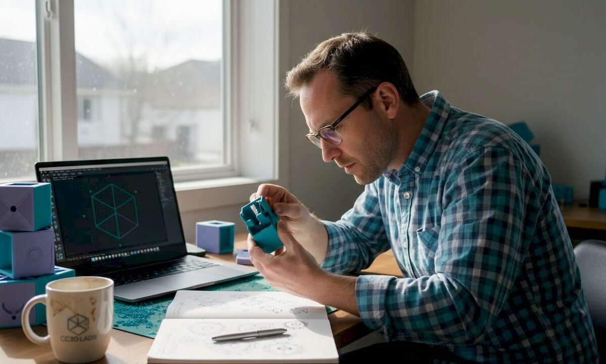 Man reviewing 3D printed part at workbench