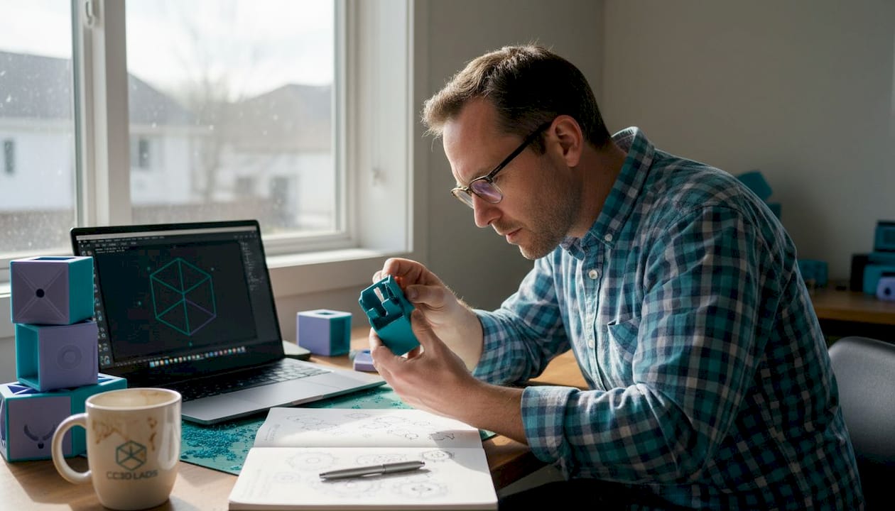 Man reviewing 3D printed part at workbench