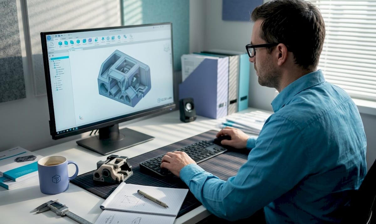Engineer editing CAD model in workspace