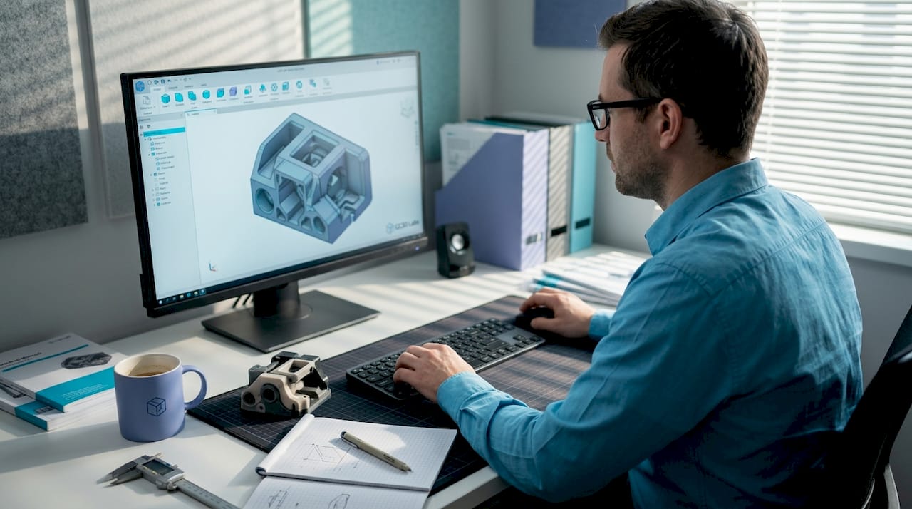 Engineer editing CAD model in workspace