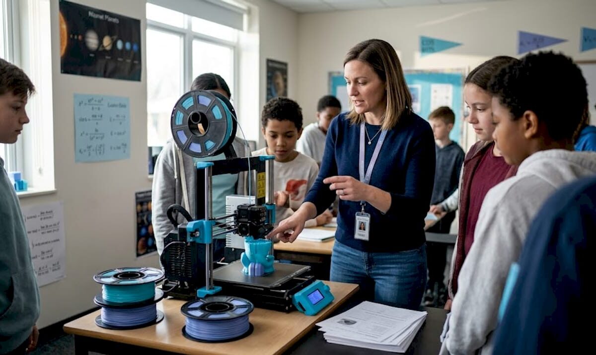 Teacher guiding students at classroom 3D printer