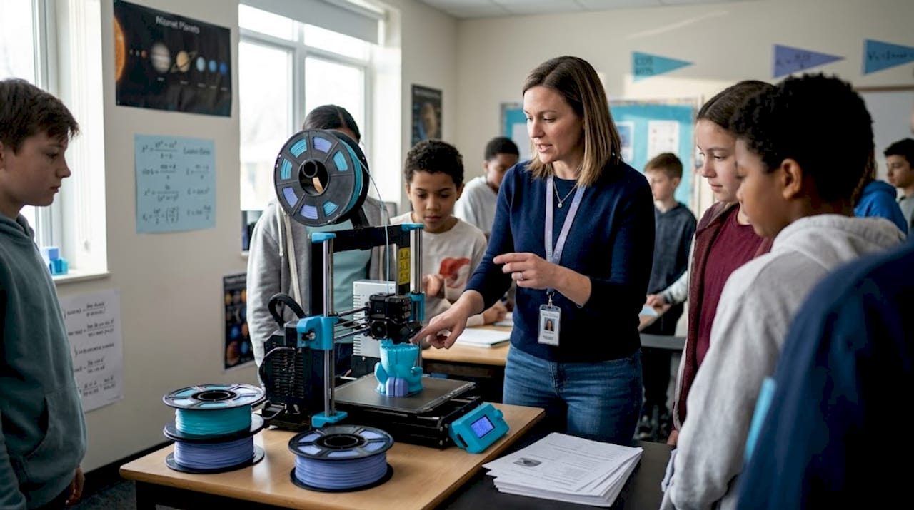 Teacher guiding students at classroom 3D printer