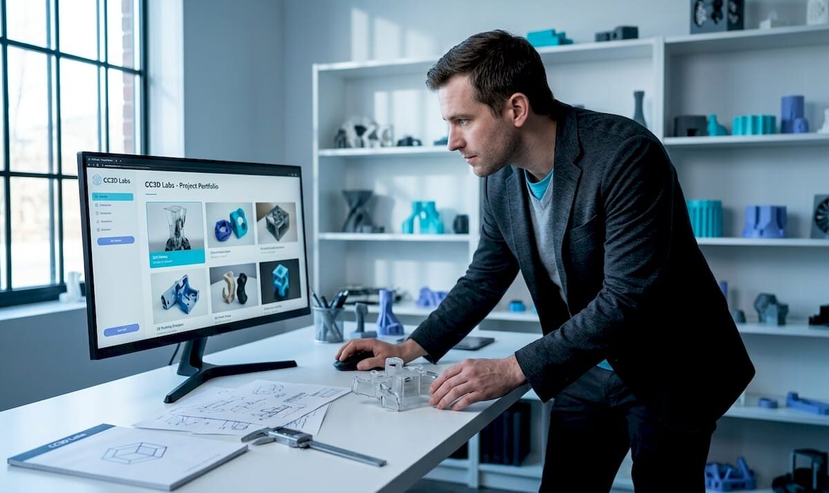 Engineer reviews 3D print gallery workspace