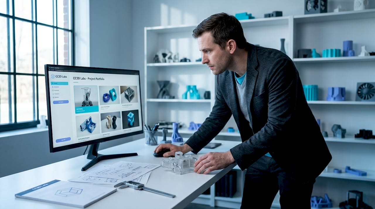 Engineer reviews 3D print gallery workspace