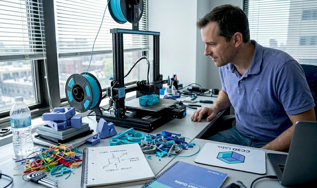 Product developer monitoring desktop 3D printer