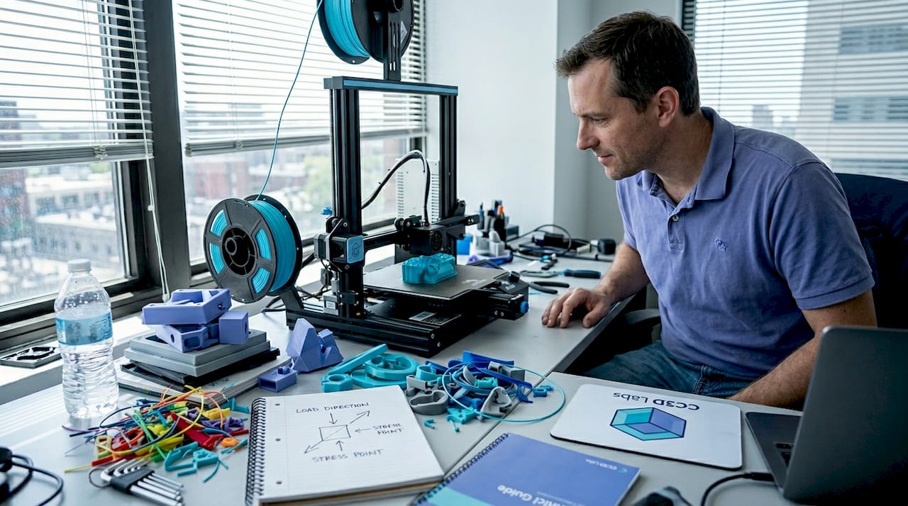 Product developer monitoring desktop 3D printer