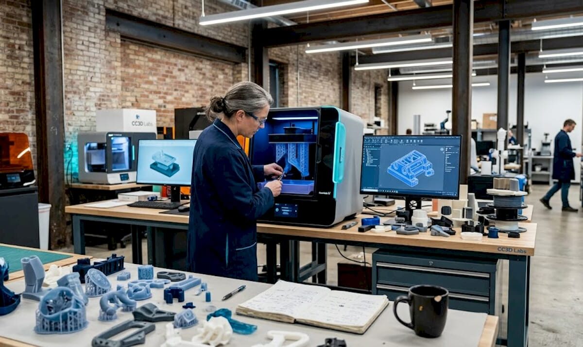 3D lab engineer calibrating printer in professional workspace