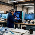 3D lab engineer calibrating printer in professional workspace