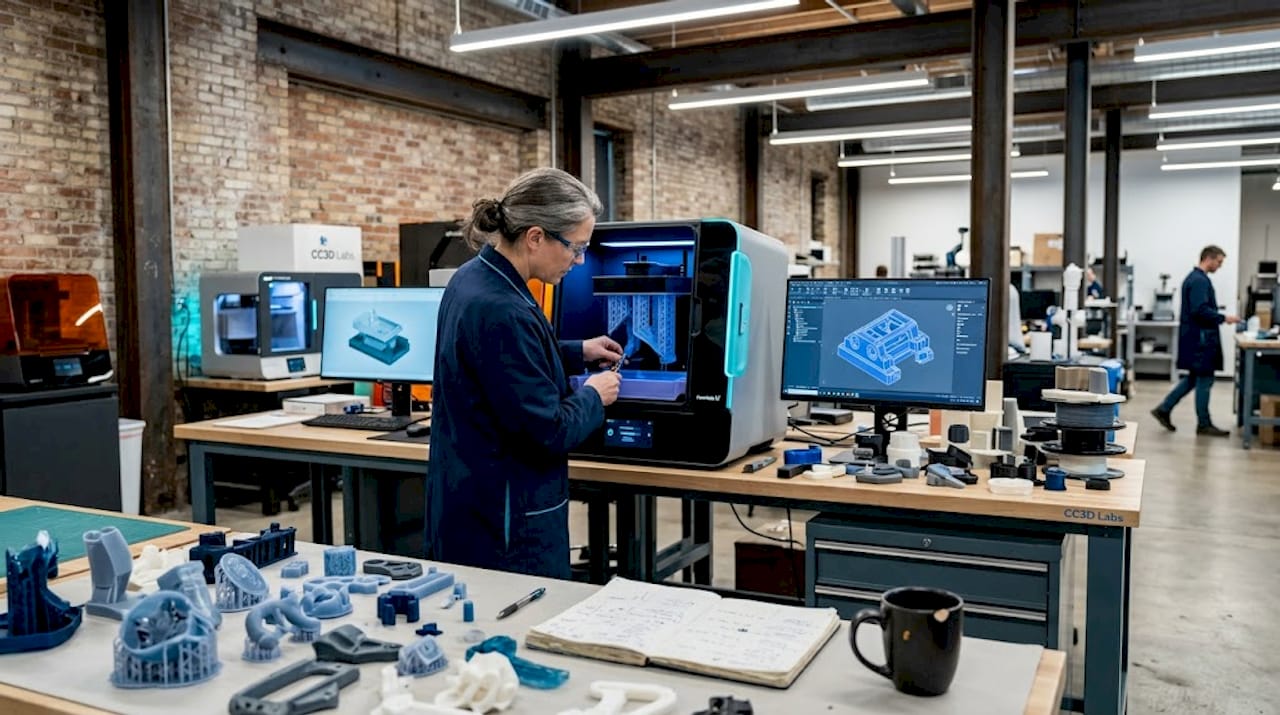 3D lab engineer calibrating printer in professional workspace