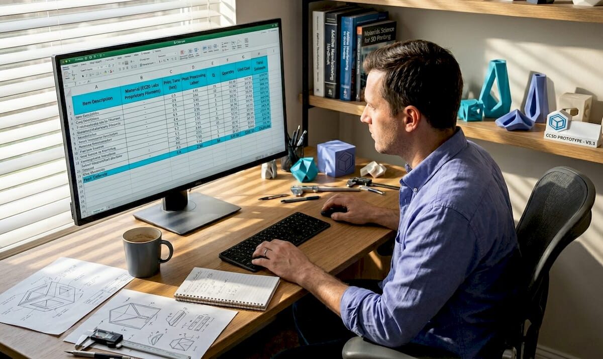 Product developer analyzing 3D printing costs