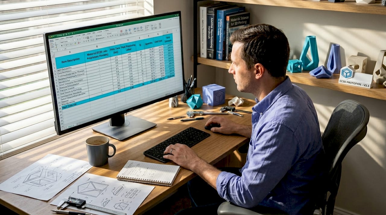 Product developer analyzing 3D printing costs