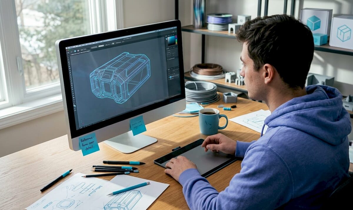 3D artist working at desk with modeling software
