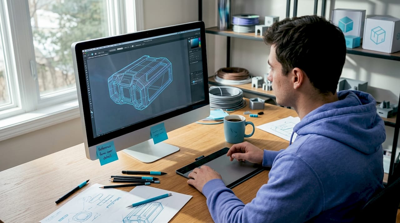 3D artist working at desk with modeling software