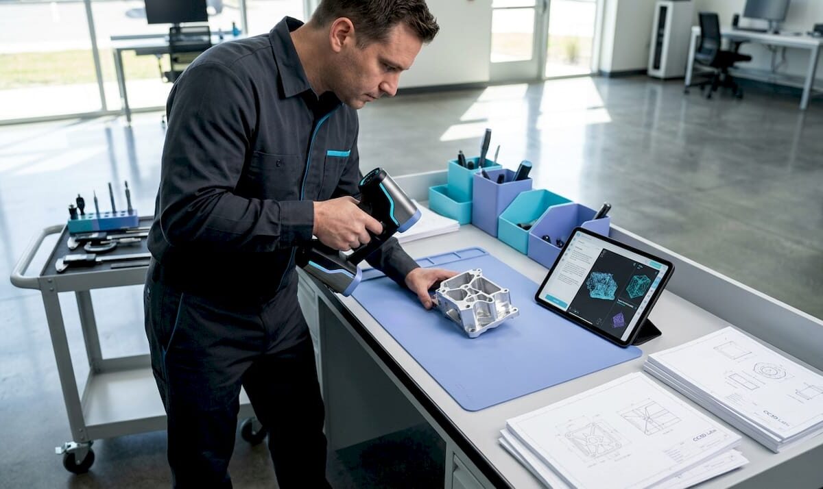 Technician calibrating 3D scanner in workshop