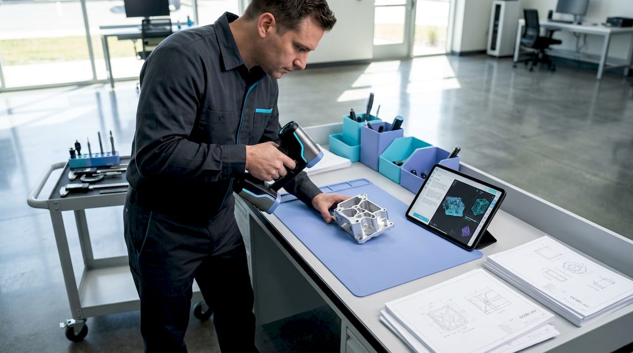 Technician calibrating 3D scanner in workshop