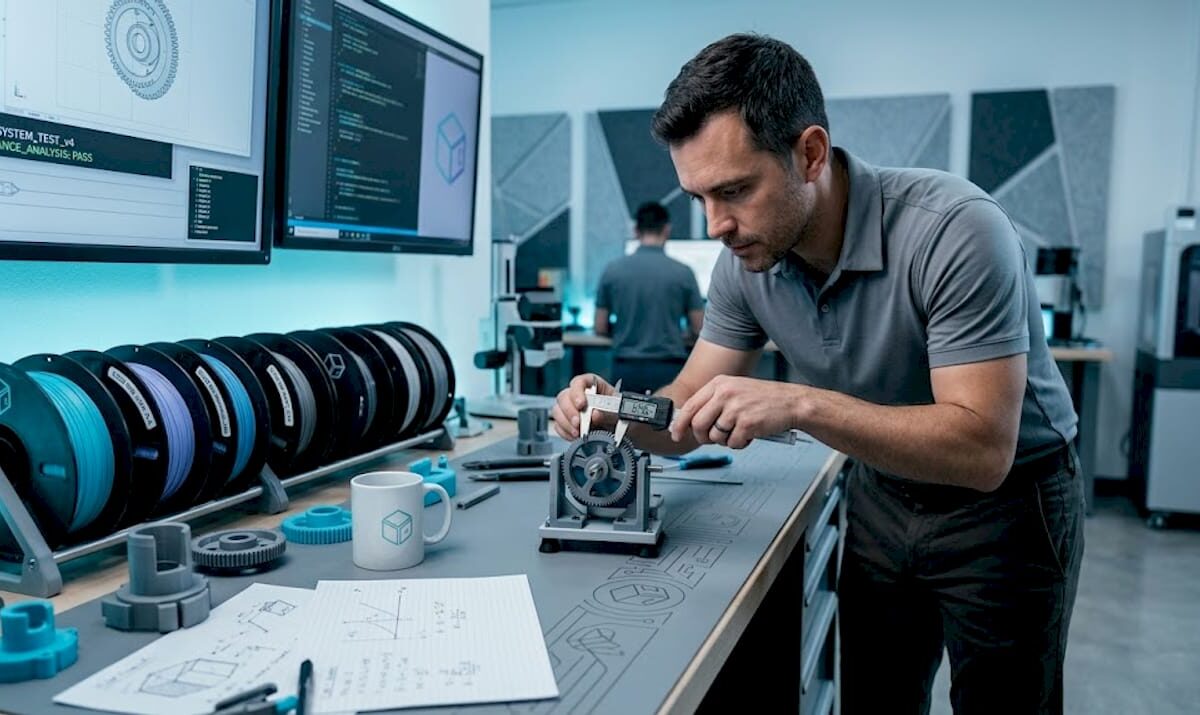 Engineer testing 3D printed prototype in studio