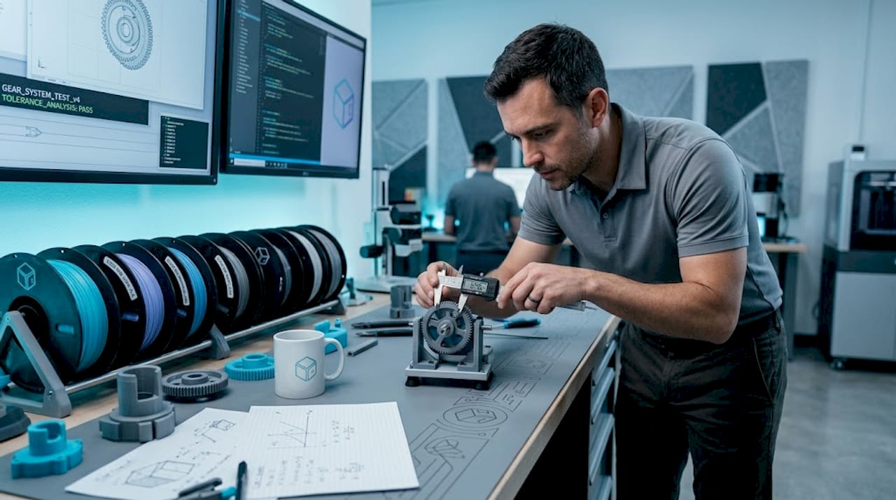 Engineer testing 3D printed prototype in studio