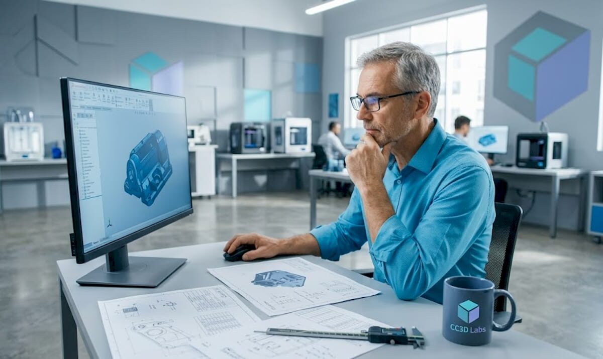 Engineer reviewing 3D CAD model in office