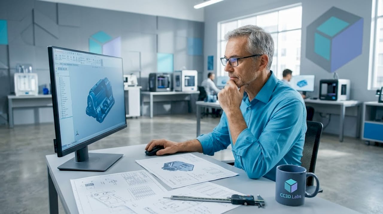 Engineer reviewing 3D CAD model in office