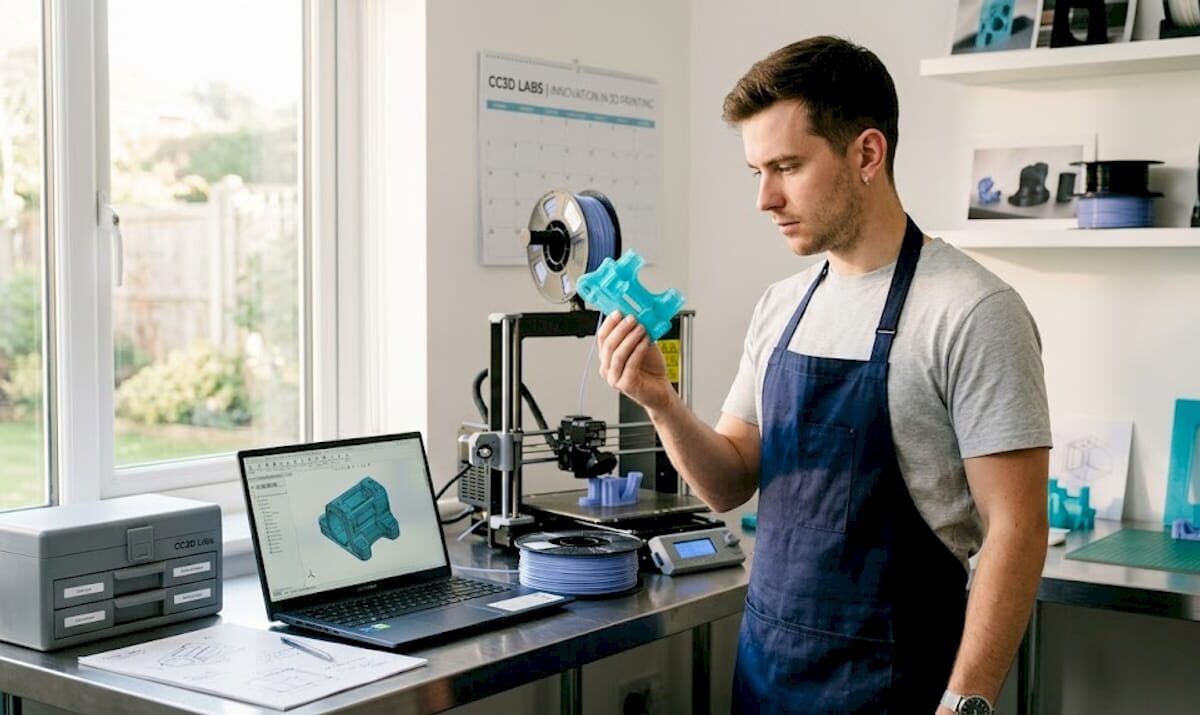 Engineer inspecting 3D printed part in home workspace