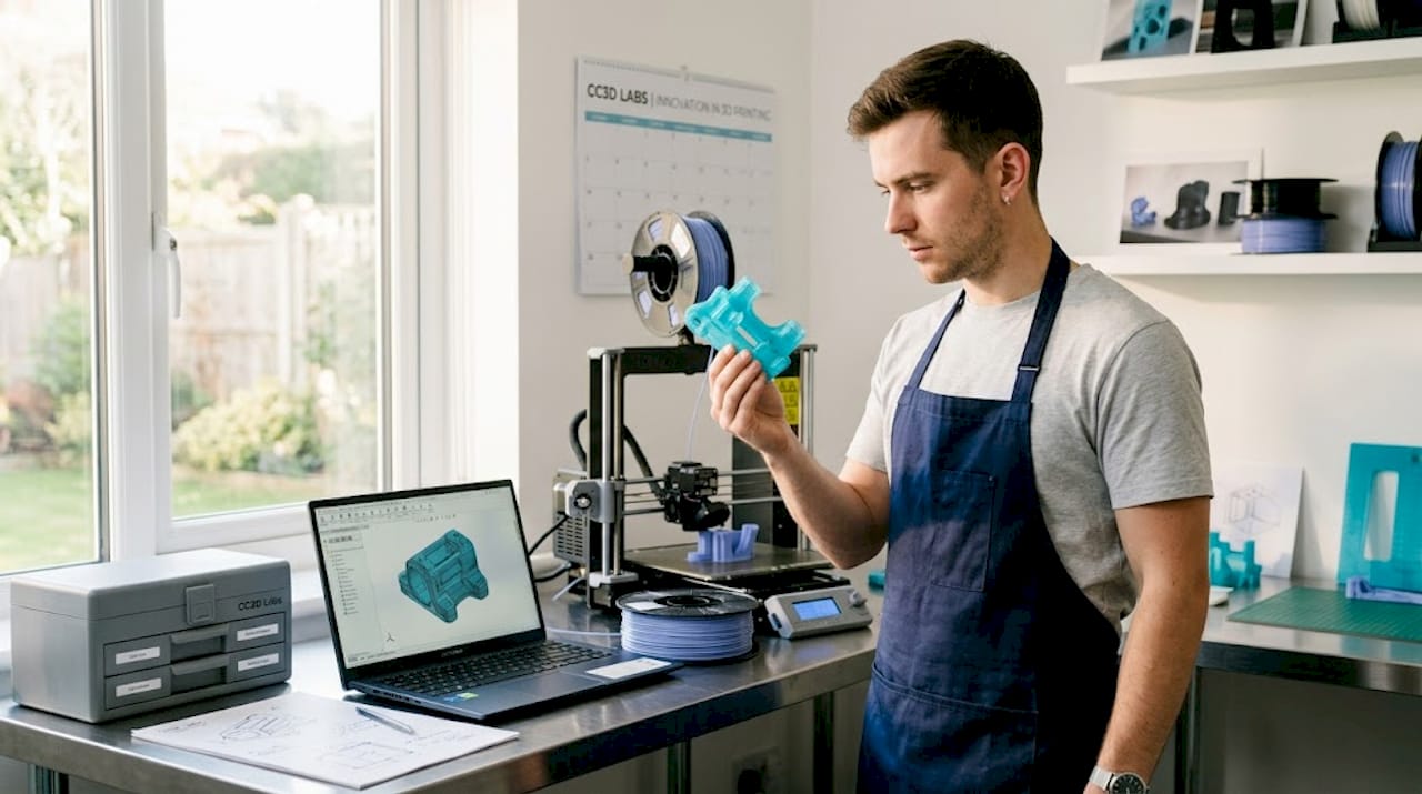 Engineer inspecting 3D printed part in home workspace
