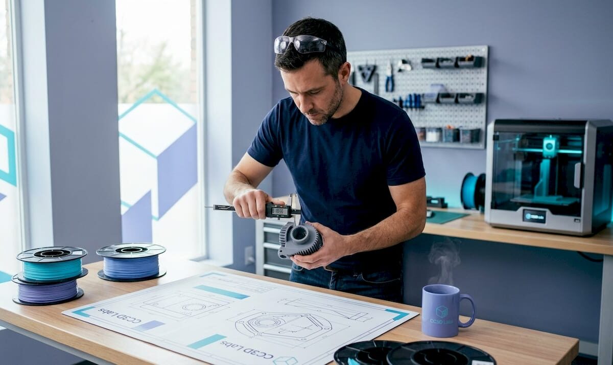 Engineer measuring freshly 3D printed part