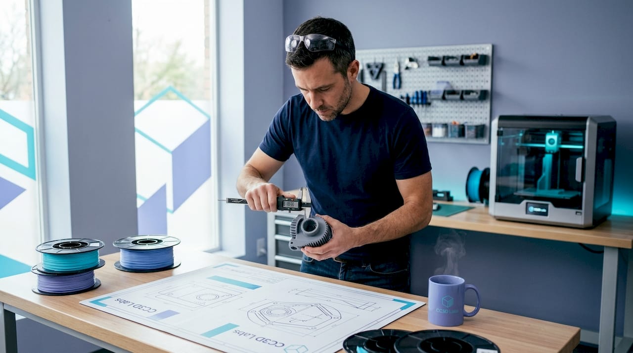 Engineer measuring freshly 3D printed part