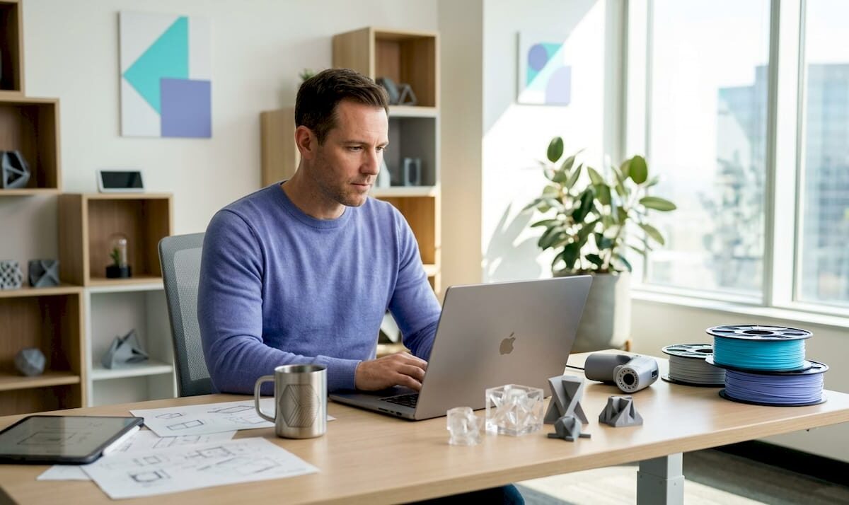 Designer comparing 3D printing services at home desk