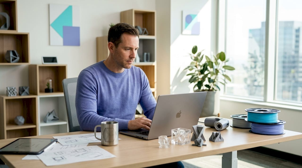 Designer comparing 3D printing services at home desk