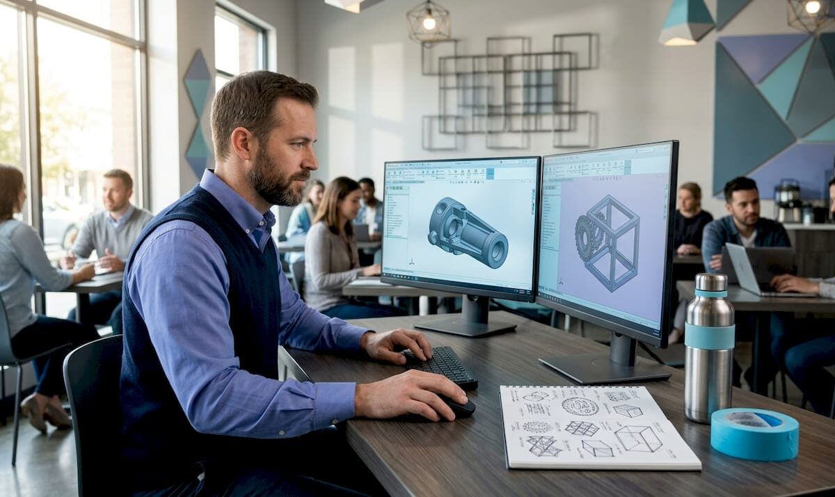 3D designer working on office CAD workstation